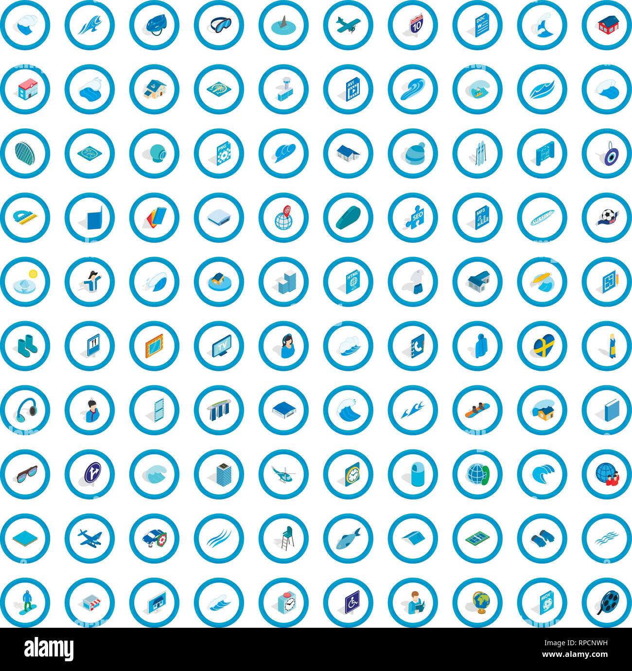 100 blue icons set, isometric 3d style Stock Vector