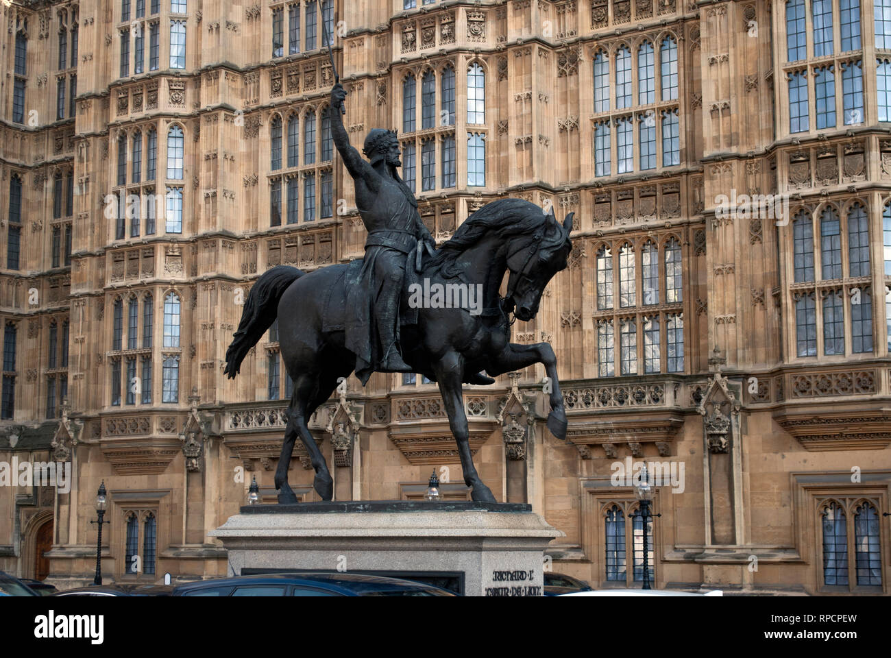 Richard Coeur de Lion statue of King Richard the First near the Houses of Parliament, Westminster Stock Photo