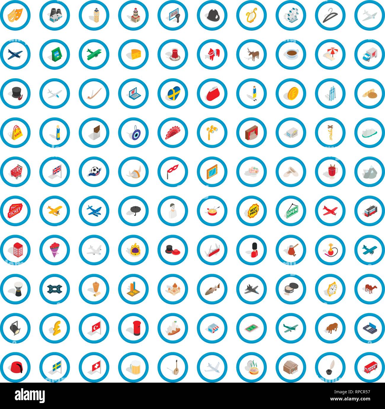 100 border icons set, isometric 3d style Stock Vector