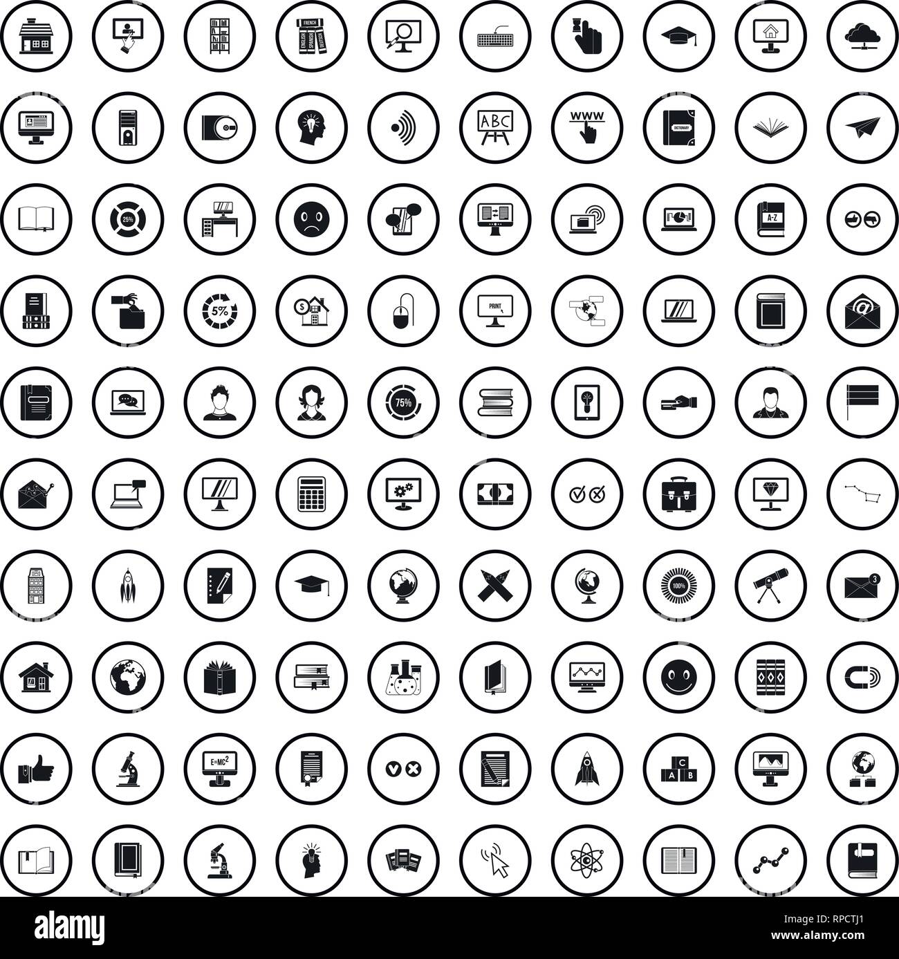 100 e-learning icons set in simple style Stock Vector