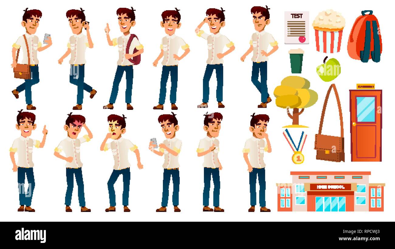 Asian Boy Schoolboy Kid Poses Set Vector. Emotional. White Shirt. High ...