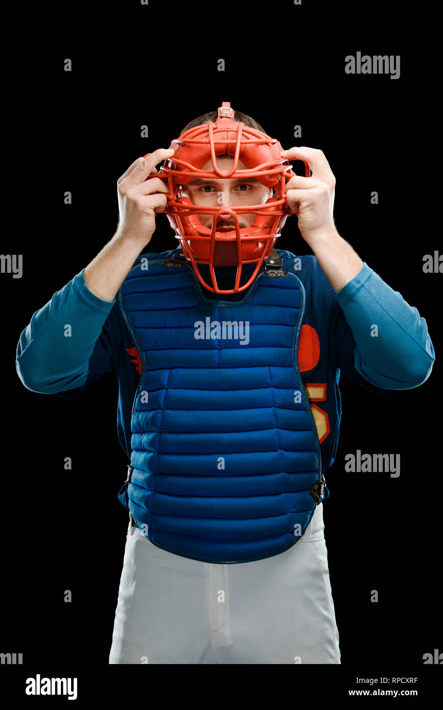 Catcher putting a mask on Stock Photo Alamy