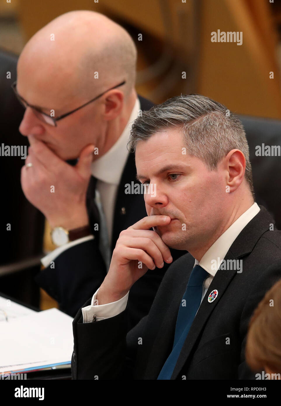 Cabinet Secretary for Finance, Economy and Fair Work Derek Mackay delivers his budget statement at the Scottish Parliament in Edinburgh. Stock Photo