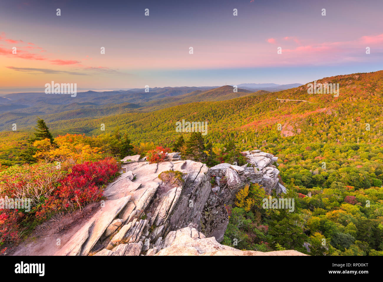 Blue Ridge Mountains landscape at Linn Cove Viaduct and Grandfather Mountain at dawn. Stock Photo