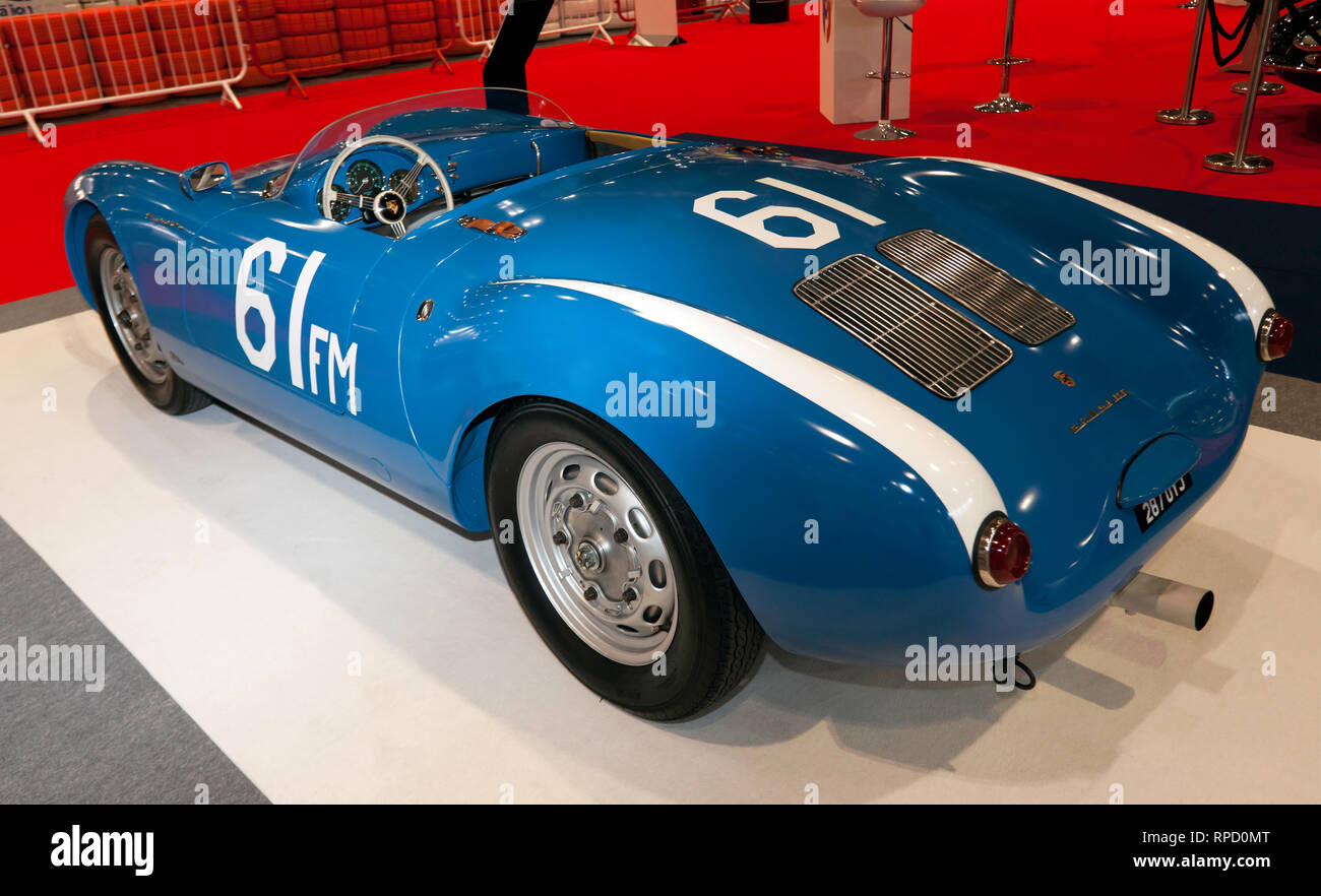 Three-quarters rear  view of a 1955, Porsche 550, on display at the 2019 London Classic Car Show Stock Photo