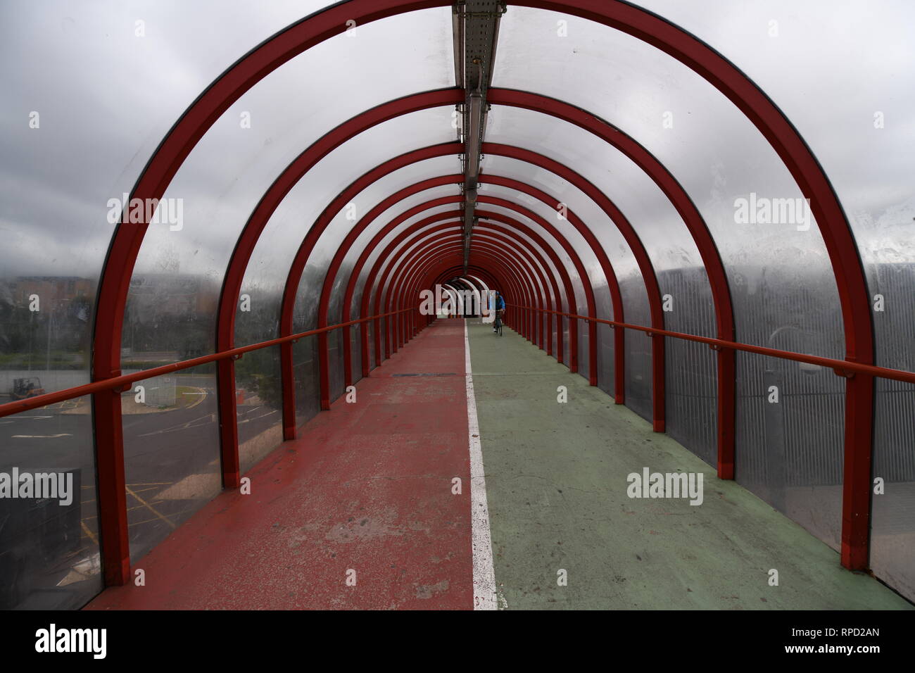 A famous Glasgow landmark. The elevated tunnel walk and cycle path which leads to the entrance of the SECC. Stock Photo