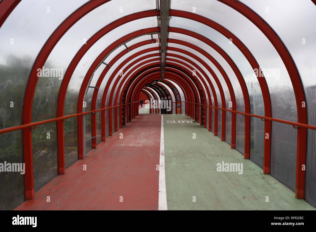 A famous Glasgow landmark. The elevated tunnel walk and cycle path which leads to the entrance of the SECC. Stock Photo