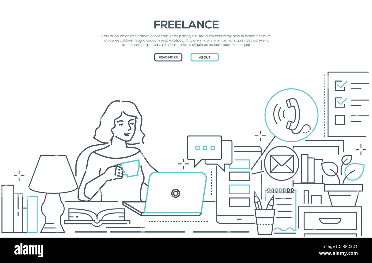 Freelance - modern line design style web banner Stock Vector