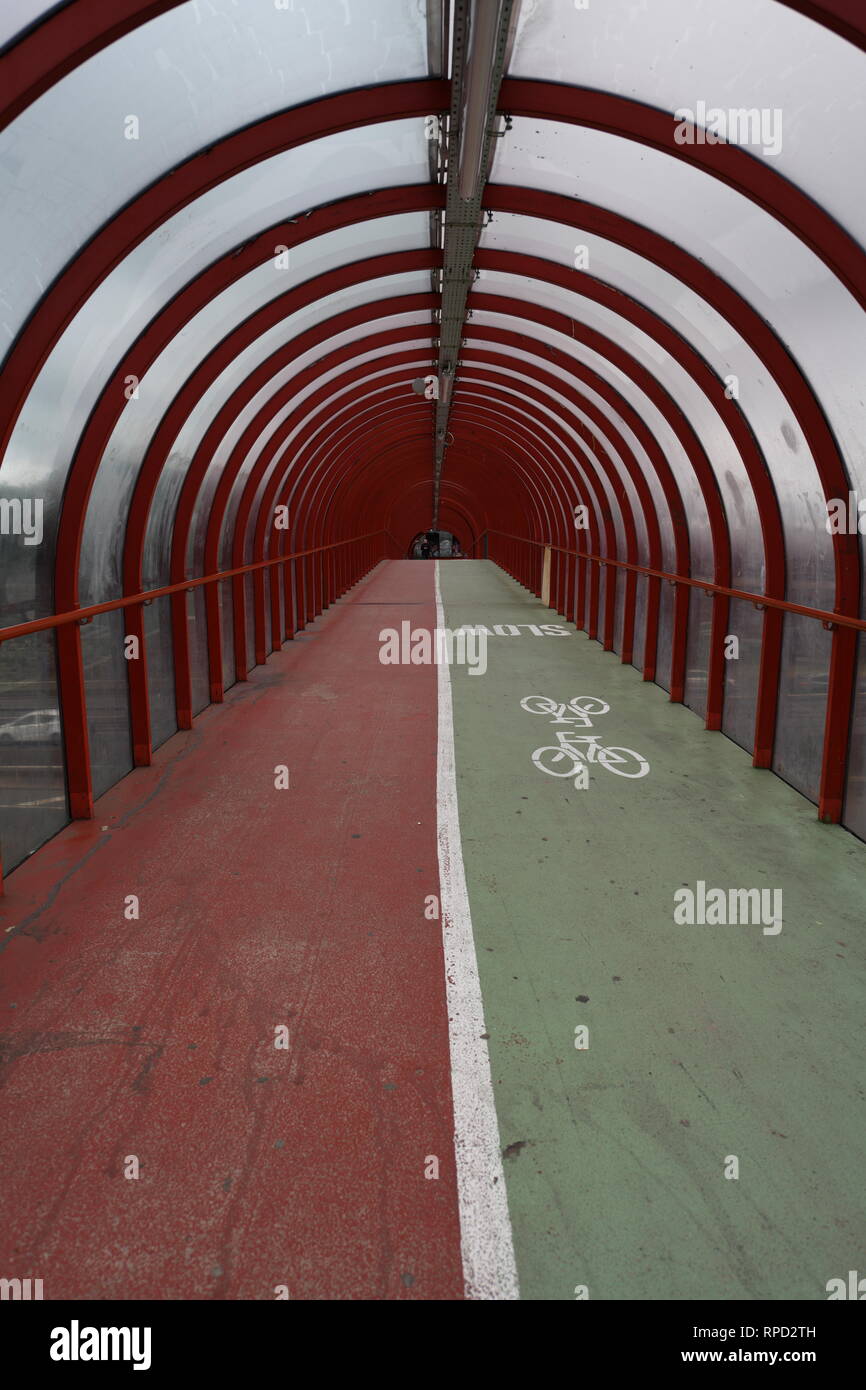 A famous Glasgow landmark. The elevated tunnel walk and cycle path which leads to the entrance of the SECC. Stock Photo
