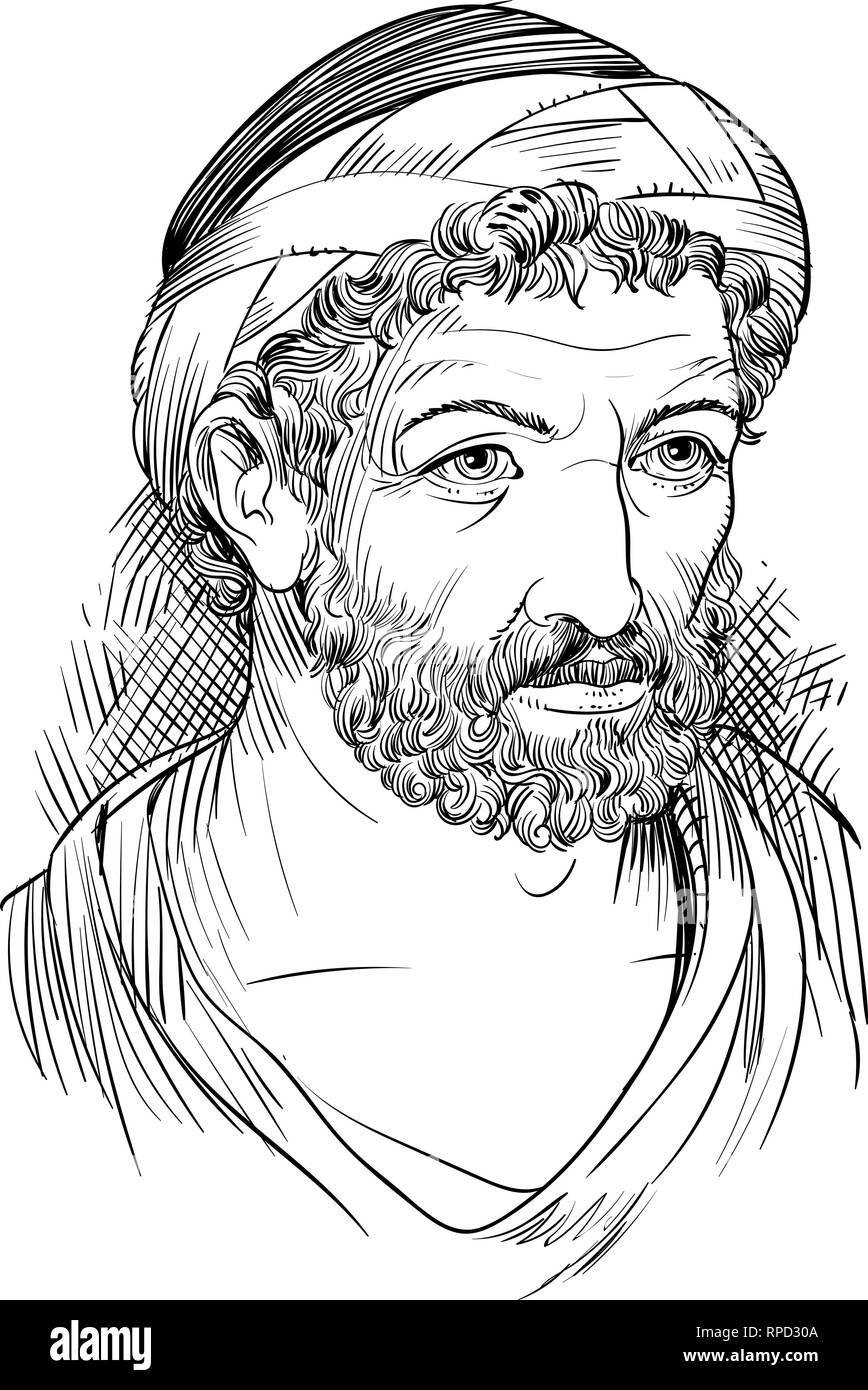 Pythagoras portrait in line art illustration. He was Greek mathematician, philosopher and religious leader. Stock Vector
