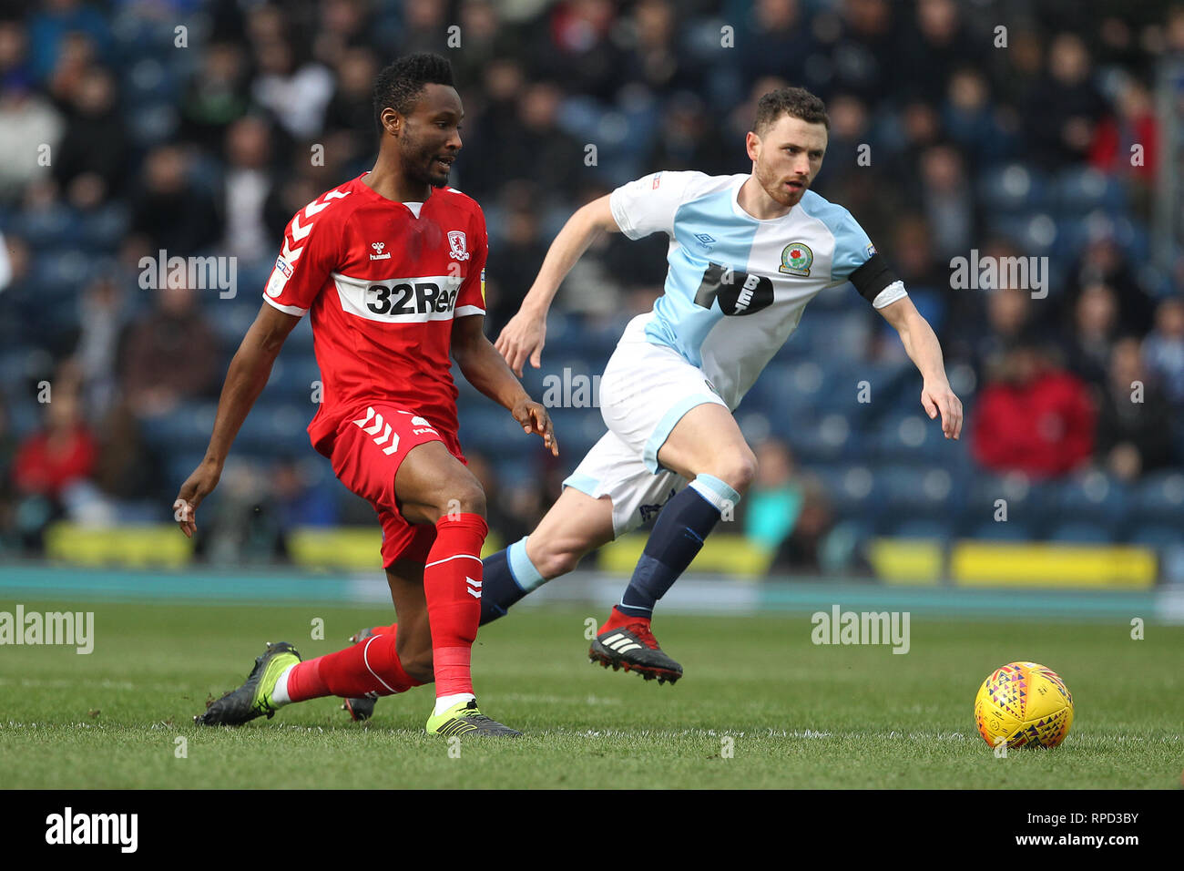 BLACKBURN, UK 17TH FEBRUARY Mikel John Obi of Middlesbrough and Corry Evans of Blackburn Rovers  during the Sky Bet Championship match between Blackburn Rovers and Middlesbrough at Ewood Park, Blackburn on Sunday 17th February 2019. (Credit: Mark Fletcher | MI News) Stock Photo