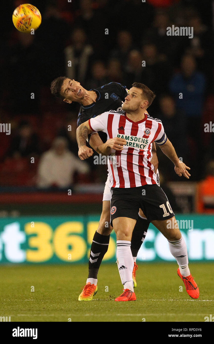 SHEFFIELD, UK 13TH FEBRUARY Daniel Ayala of Middlesbrough contests a header with Billy Sharp of Sheffield United  during the Sky Bet Championship match between Sheffield United and Middlesbrough at Bramall Lane, Sheffield on Wednesday 13th February 2019. (Credit: Mark Fletcher | MI News) Stock Photo