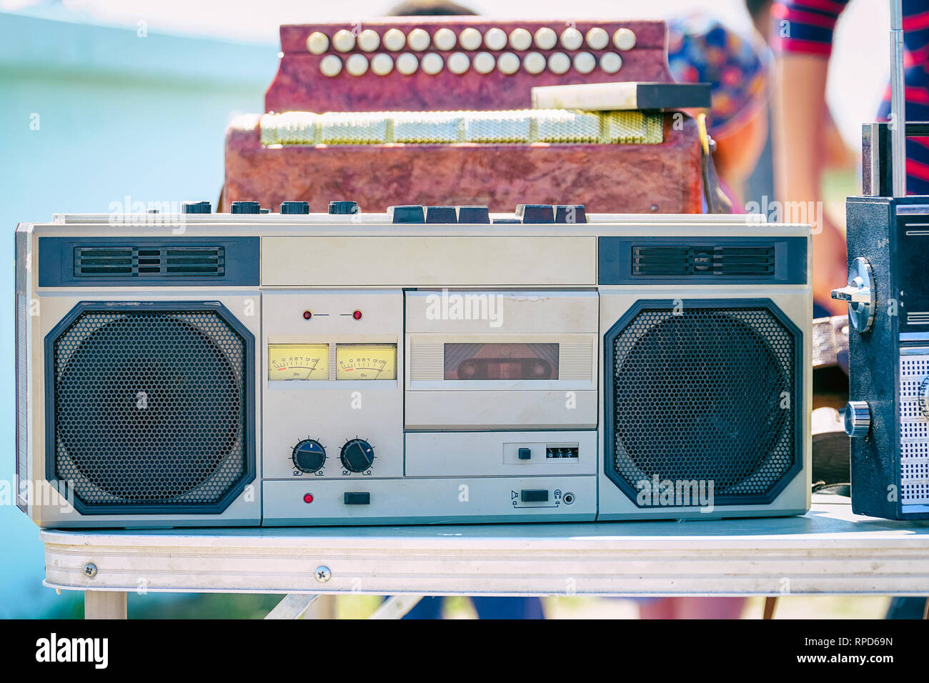 Old cassette recorder of silver color on table Stock Photo Alamy