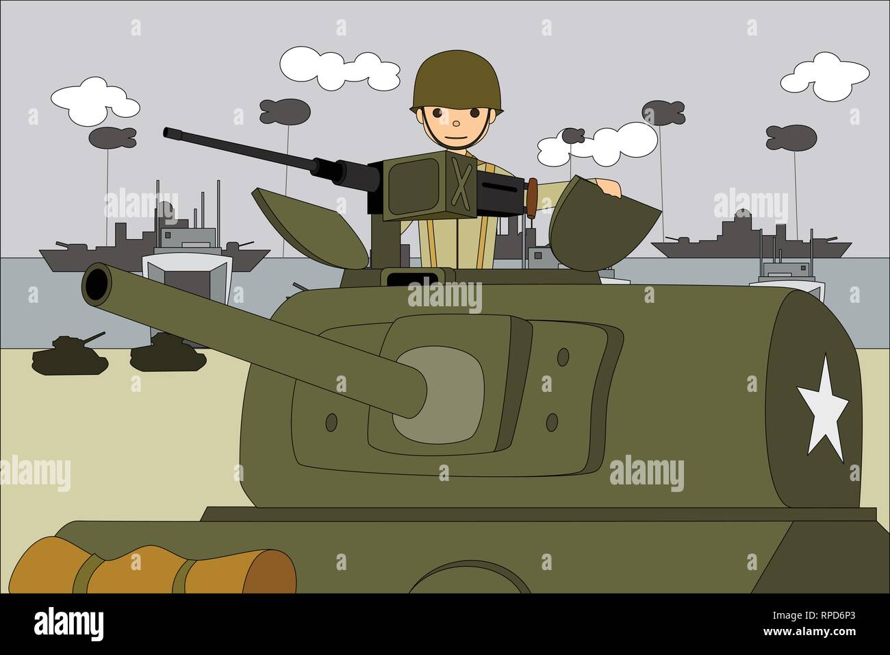 american sherman tank on the landing beaches in normandy France Stock Vector