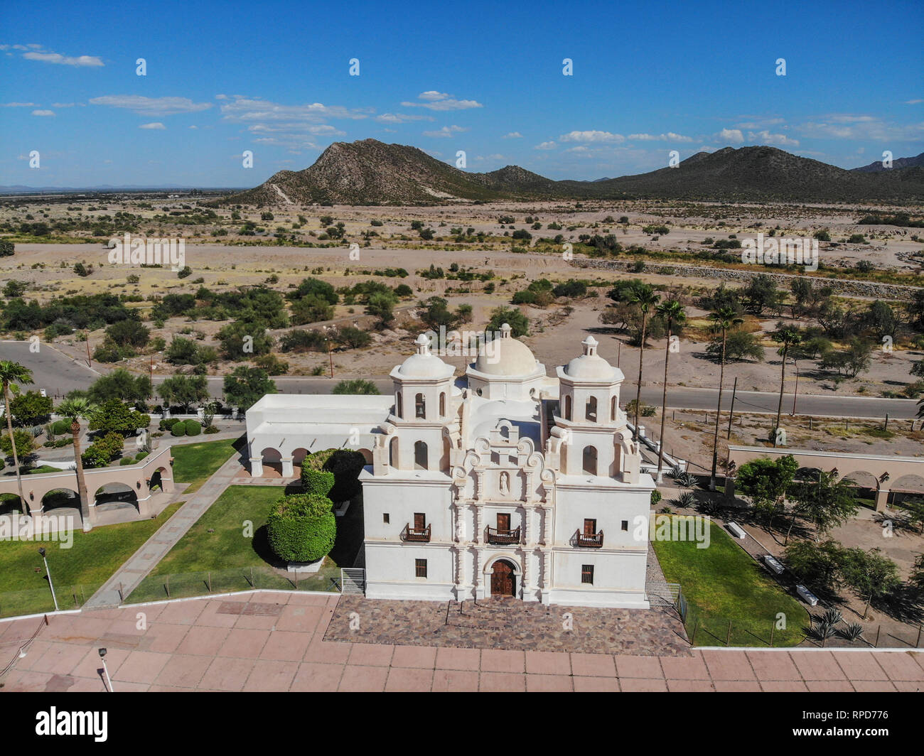 Historic Temple of the Immaculate Conception of Our Lady of Caborca in Sonora Mexico. Old church of Caborca in the public square. Stock Photo