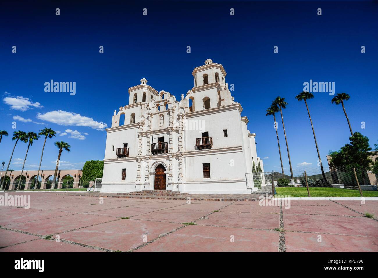 Historic Temple of the Immaculate Conception of Our Lady of Caborca in Sonora Mexico. Old church of Caborca in the public square. Stock Photo