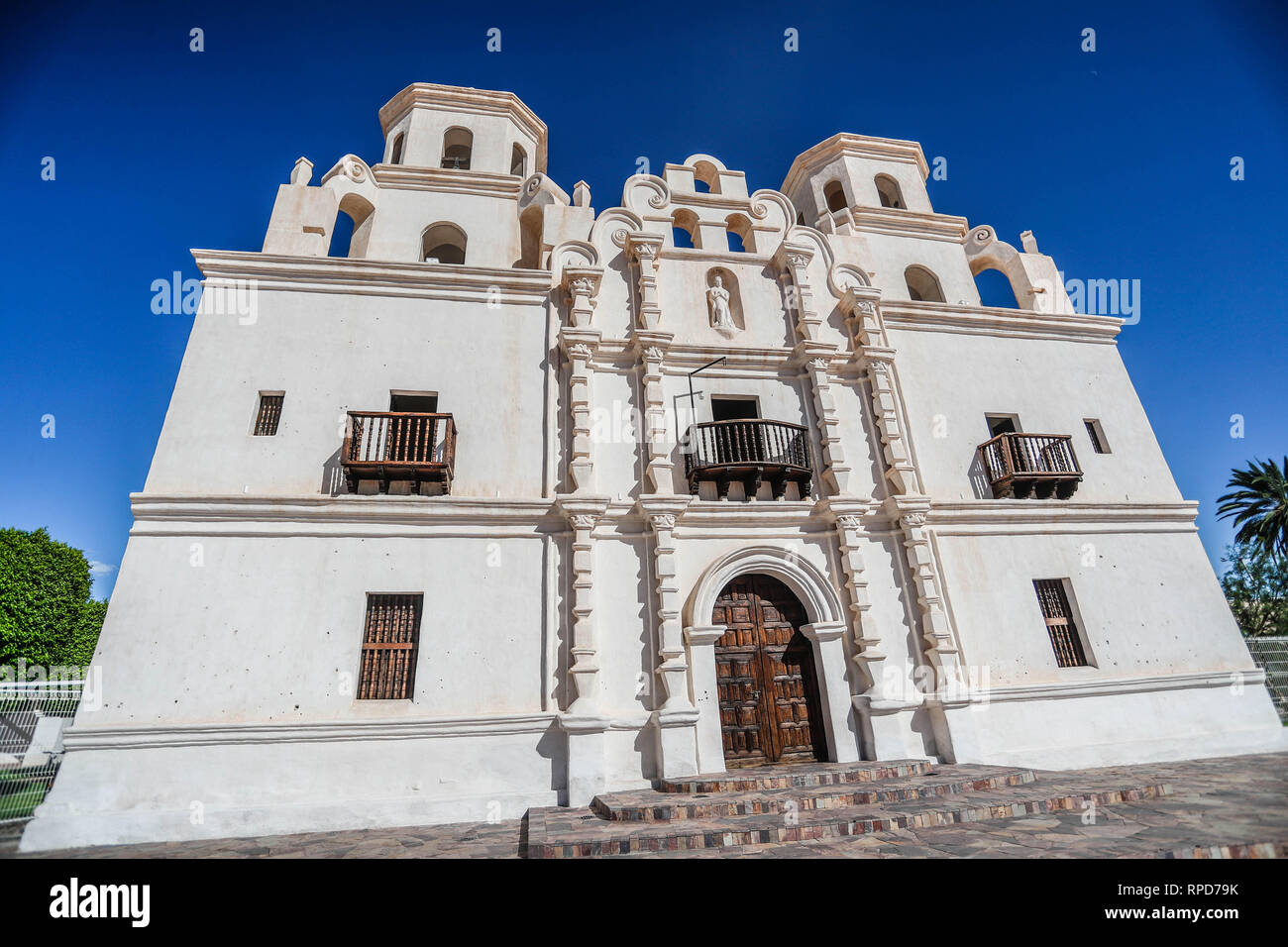 Historic Temple of the Immaculate Conception of Our Lady of Caborca in Sonora Mexico. Old church of Caborca in the public square. Stock Photo