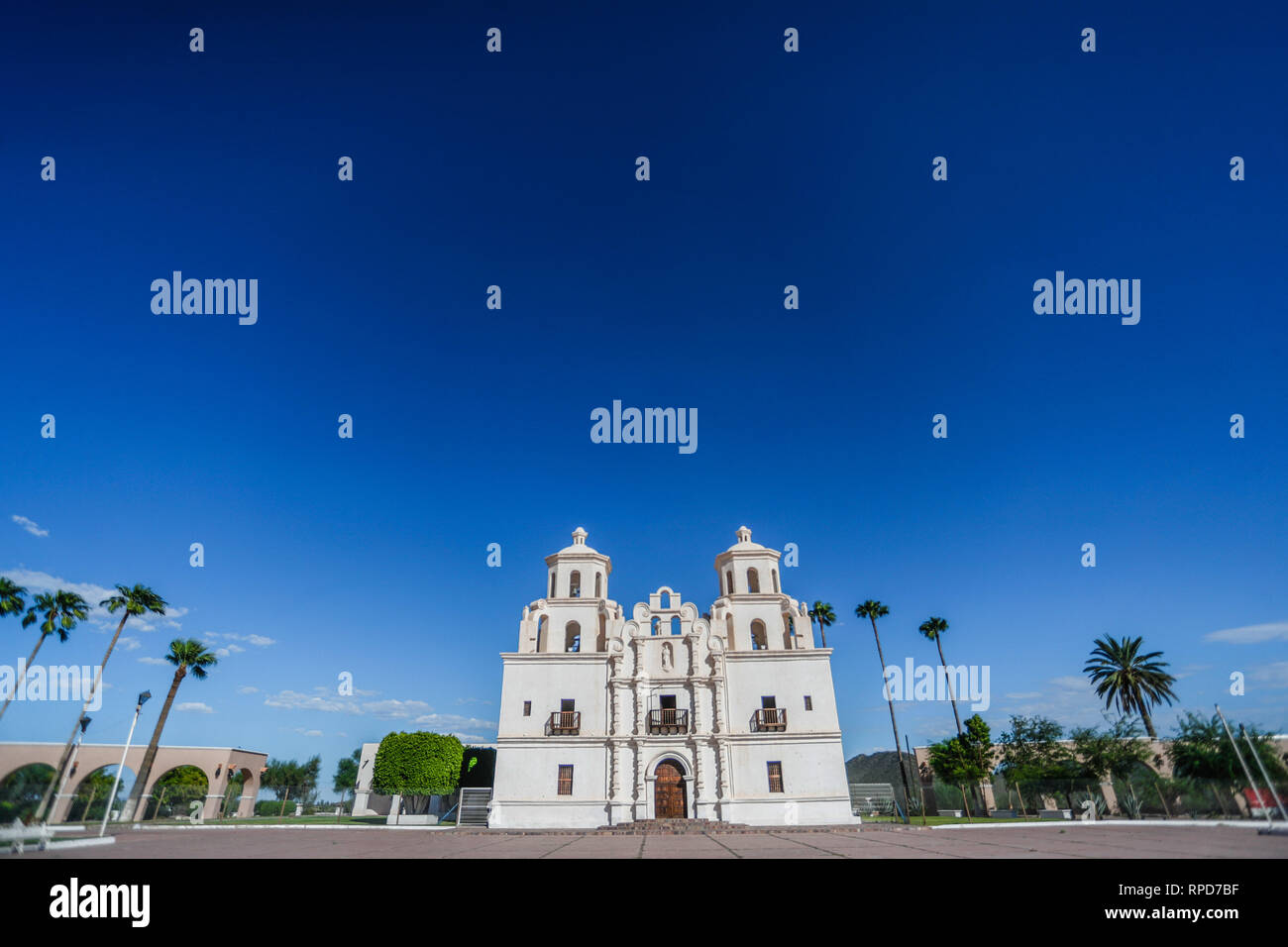 Historic Temple of the Immaculate Conception of Our Lady of Caborca in Sonora Mexico. Old church of Caborca in the public square. Stock Photo