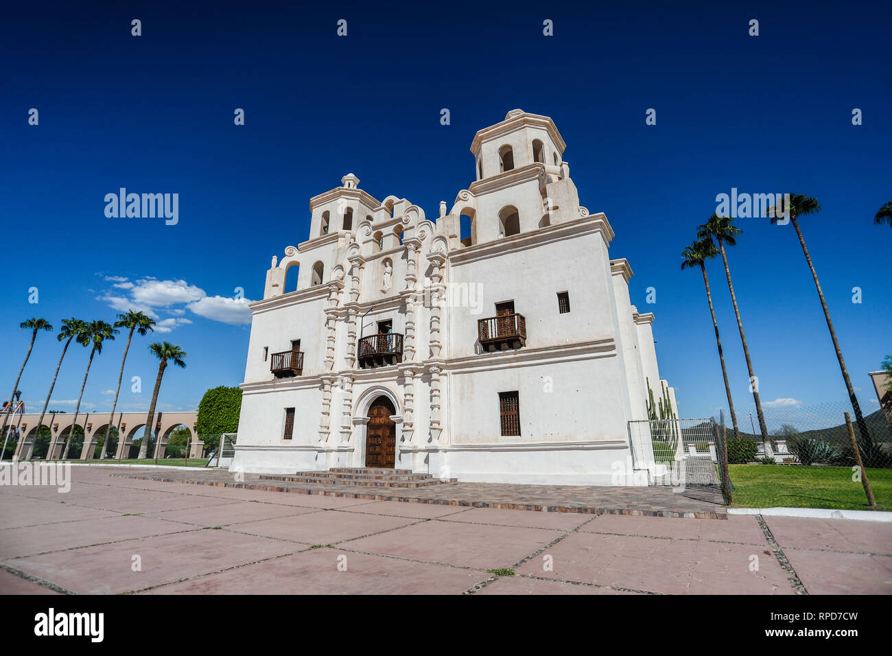 Historic Temple of the Immaculate Conception of Our Lady of Caborca in Sonora Mexico. Old church of Caborca in the public square. Stock Photo