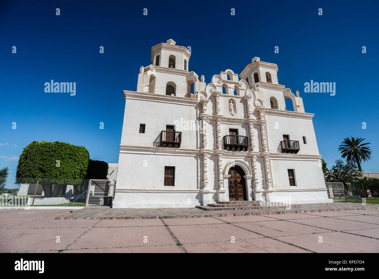 Historic Temple of the Immaculate Conception of Our Lady of Caborca in Sonora Mexico. Old church of Caborca in the public square. Stock Photo