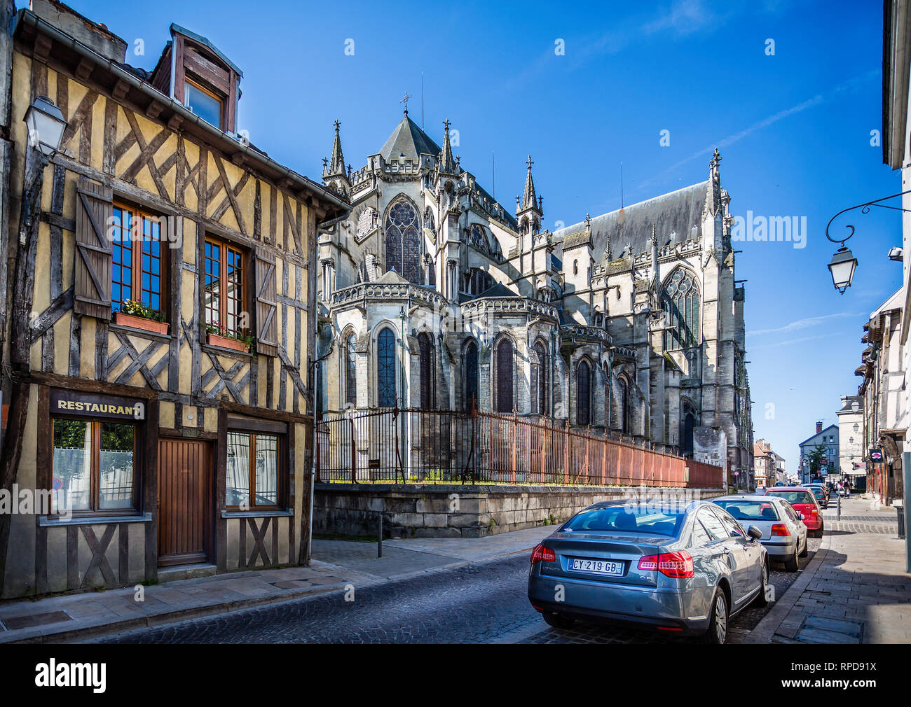 Troyes Cathedral - rear view and timber framed medieval buildings taken in Troyes, France on 8 June 2015 Stock Photo