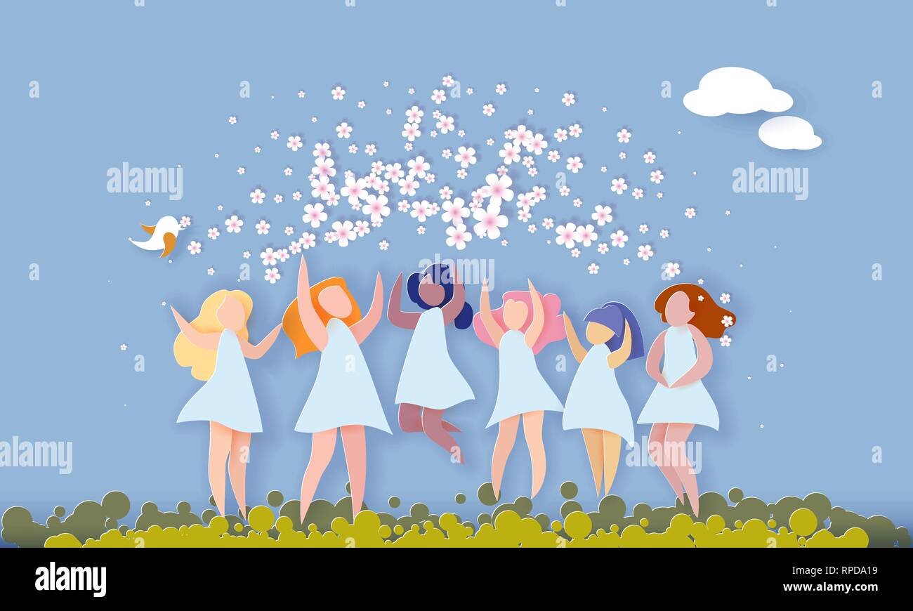 Happy 8 March womens day card. Different ethnicity Women with flowers jumping on big letters SPRING on blue background. Vector paper illustration Stock Vector