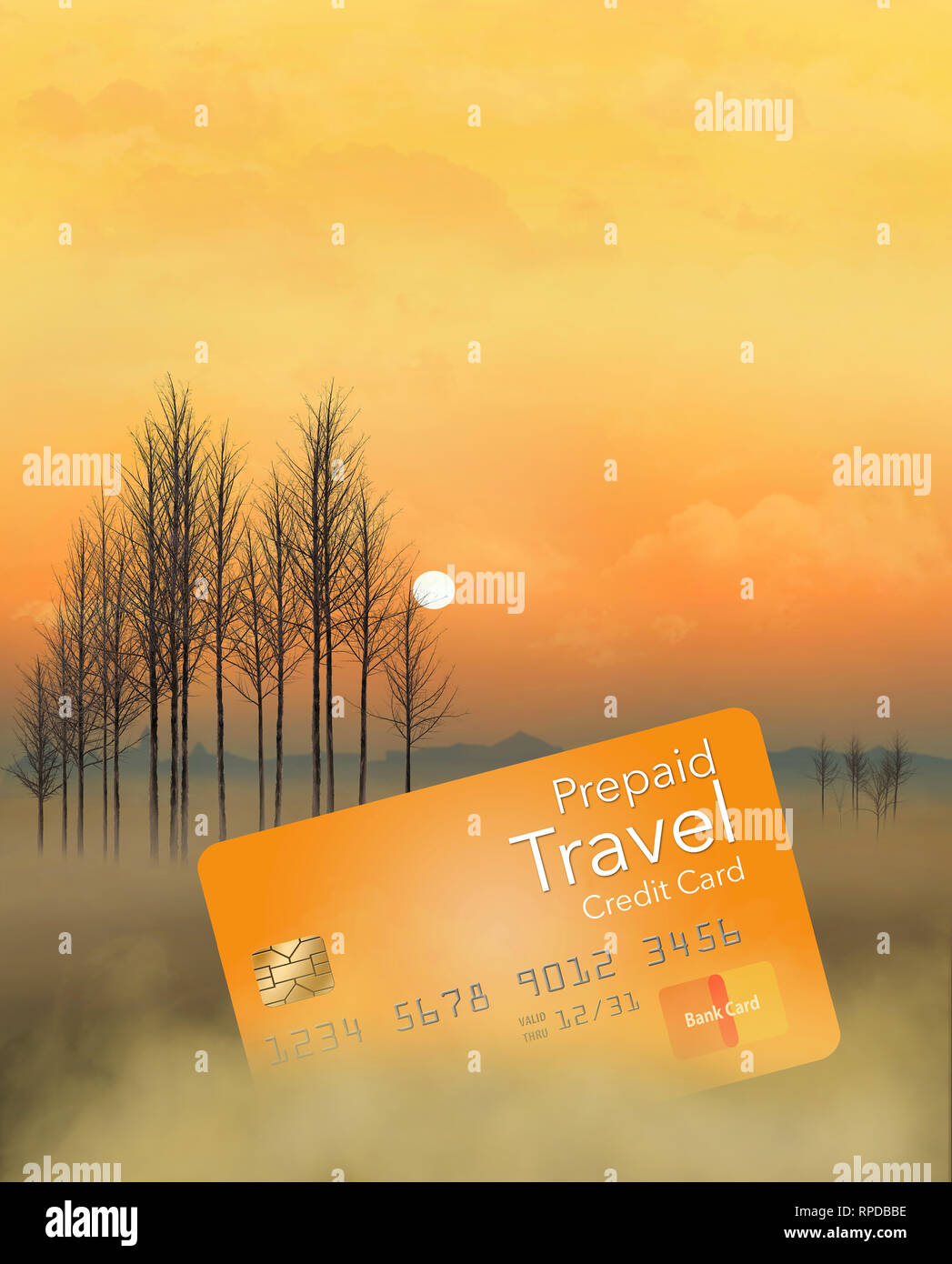A prepaid travel credit card is seen in a meadow at sunrise with trees, fog, sky and clouds. This is an illustration Stock Photo