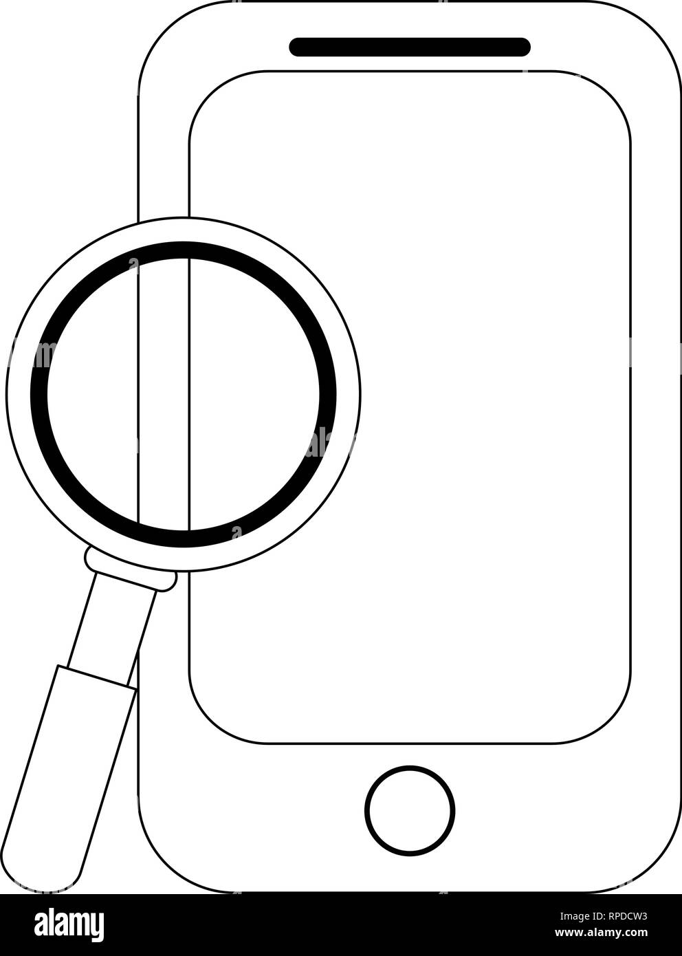 Smartphone and magnifying glass symbol black and white Stock Vector ...