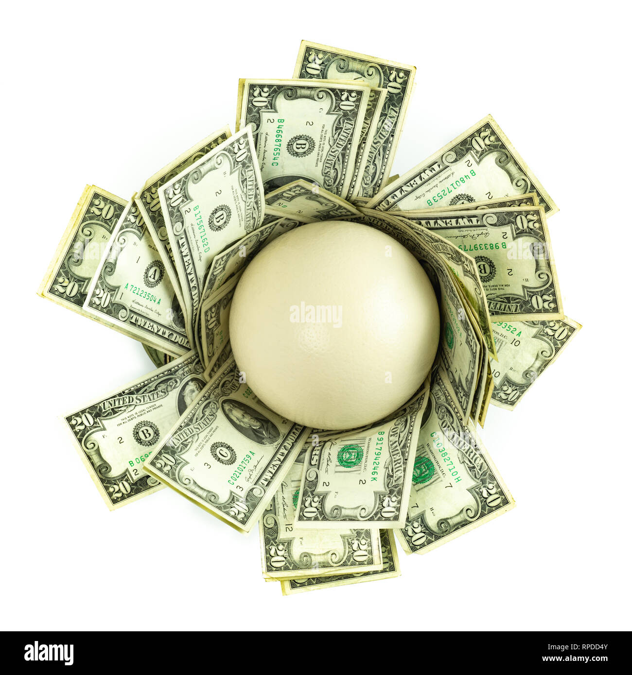 nest egg concept of twenty dollar bills creating a nest with an ostrich egg nestled within isolated on white Stock Photo