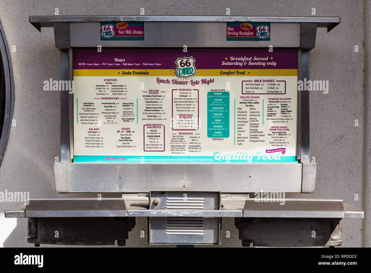 Menu for 66 Diner, a nostalgic restaurant along Historic Route 66 in Albuquerque, New Mexico, USA [No property release; licensing available for editor Stock Photo