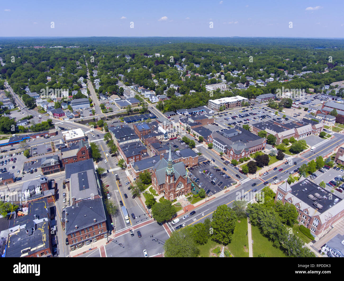 Natick First Congregational Church, Town Hall and Common aerial view in