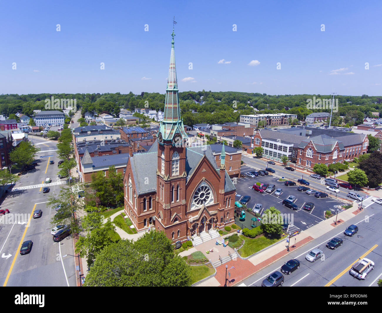 Natick First Congregational Church, Town Hall and Common aerial view in