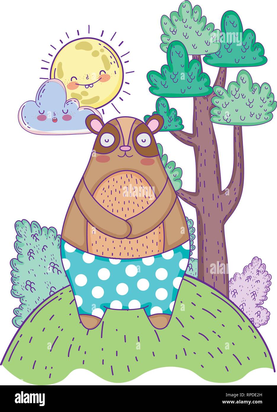 little bear teddy with sun kawaii in the landscape Stock Vector Image ...