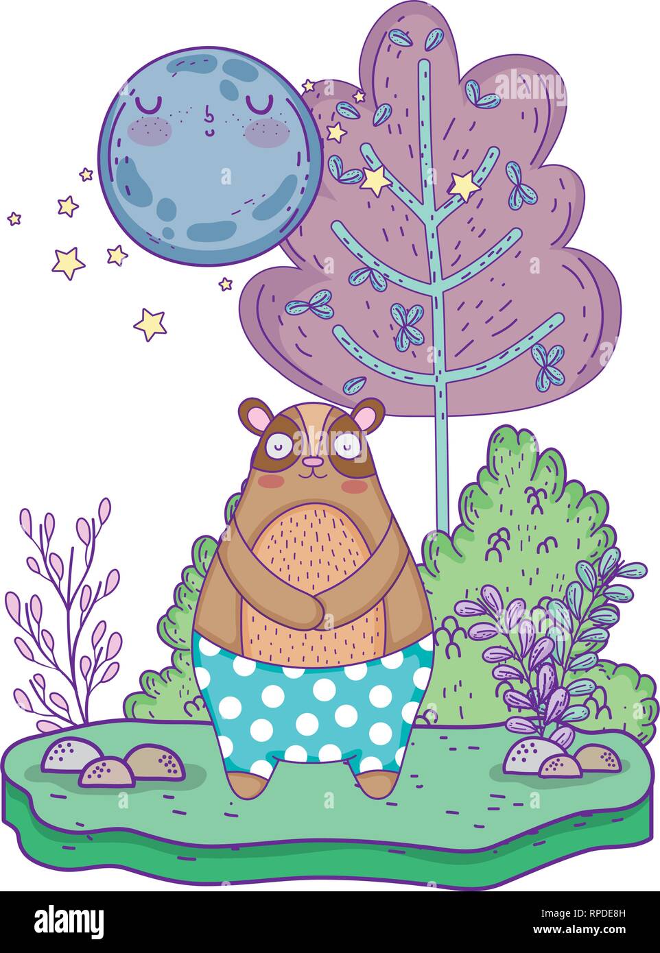 little bear teddy with moon kawaii in the landscape Stock Vector Image ...