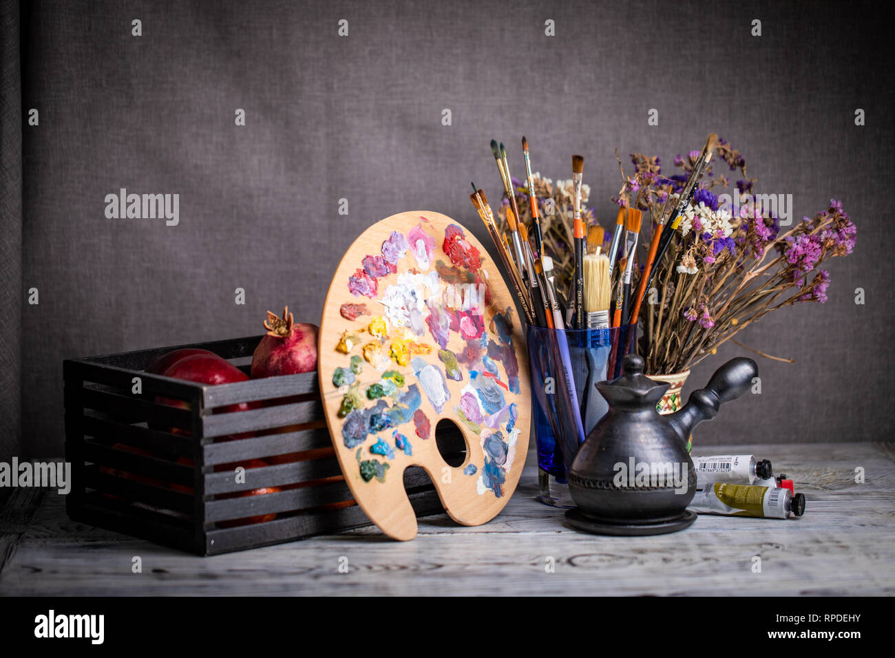 Art background with palette, brushes and paints Stock Photo