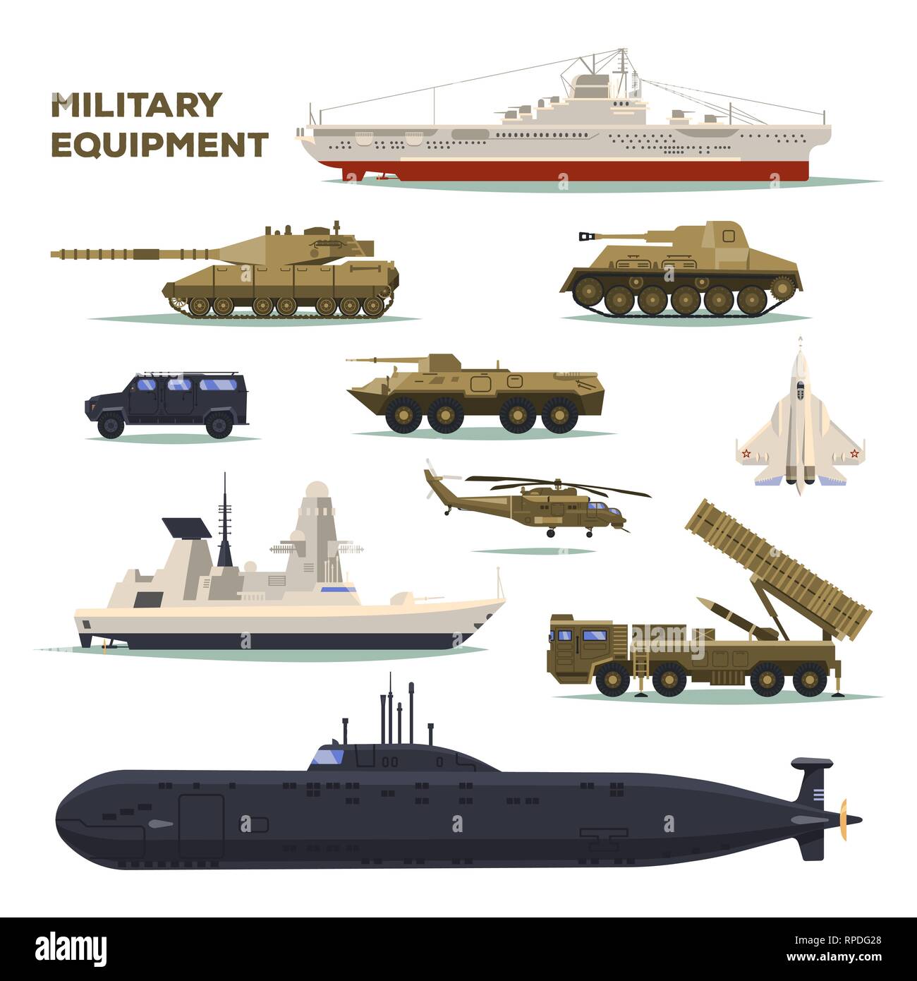 Set of isolated army or military vehicle,tank,ship Stock Vector
