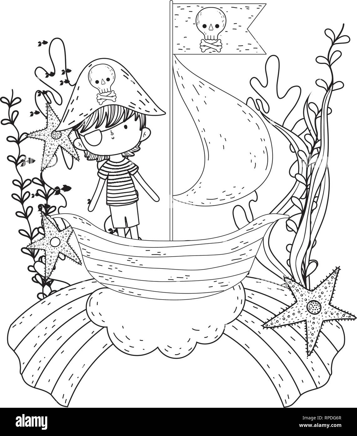 little pirate in boat with rainbow Stock Vector