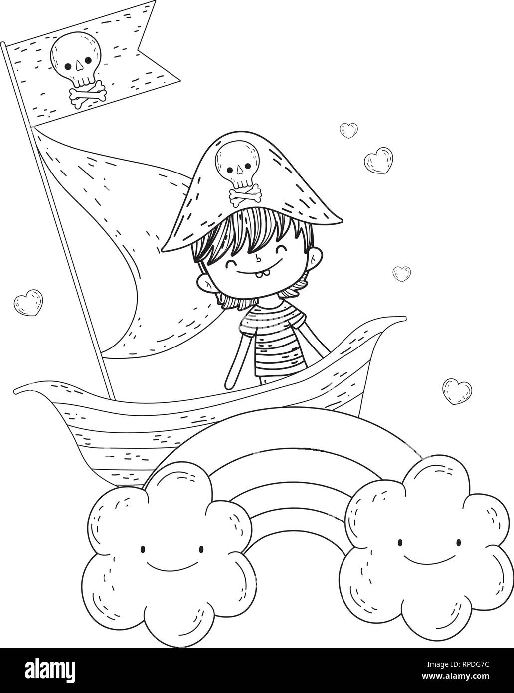 little pirate in boat with rainbow Stock Vector