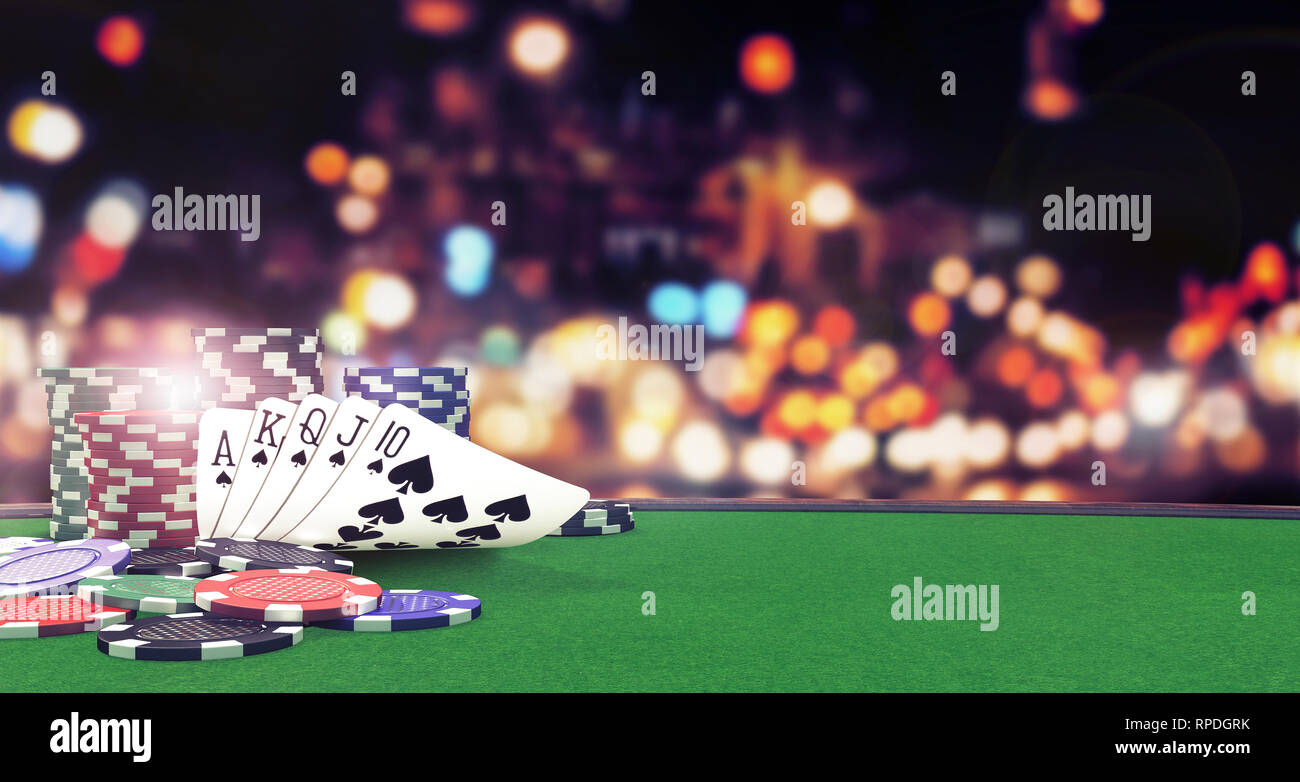 Poker flush royal background with casino chips on green table 3D Rendering Stock Photo