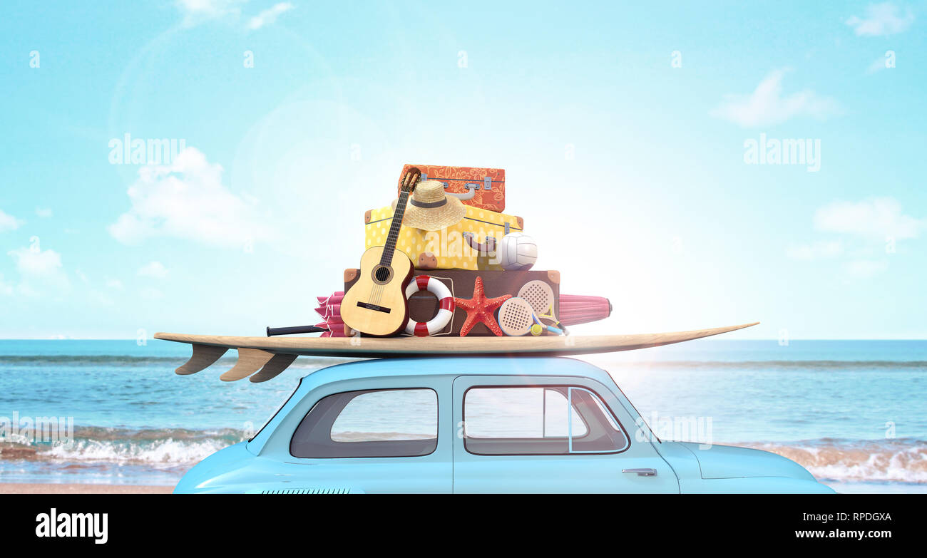 Car with luggage on the roof ready for summer vacation 3D Rendering Stock Photo