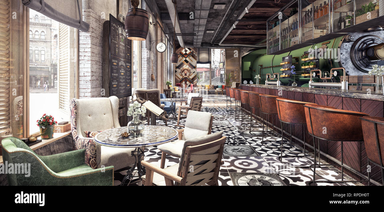 Concept design of modern Restaurant lounge bar 'Train Station' 3D Rendering Stock Photo