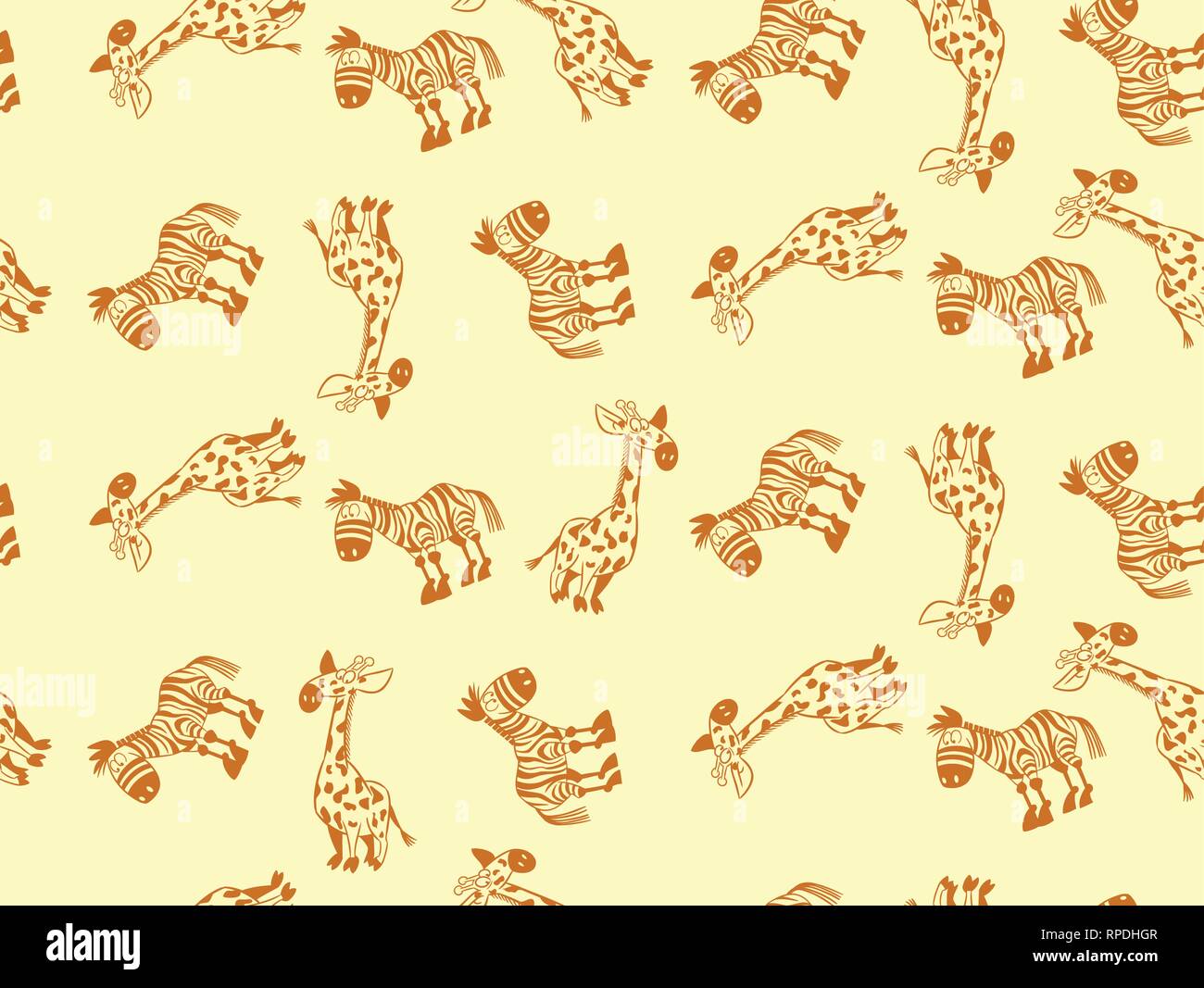 Vector seamless pattern with cartoon animals. This is a funny giraffe and zebra in orange colors. Stock Vector