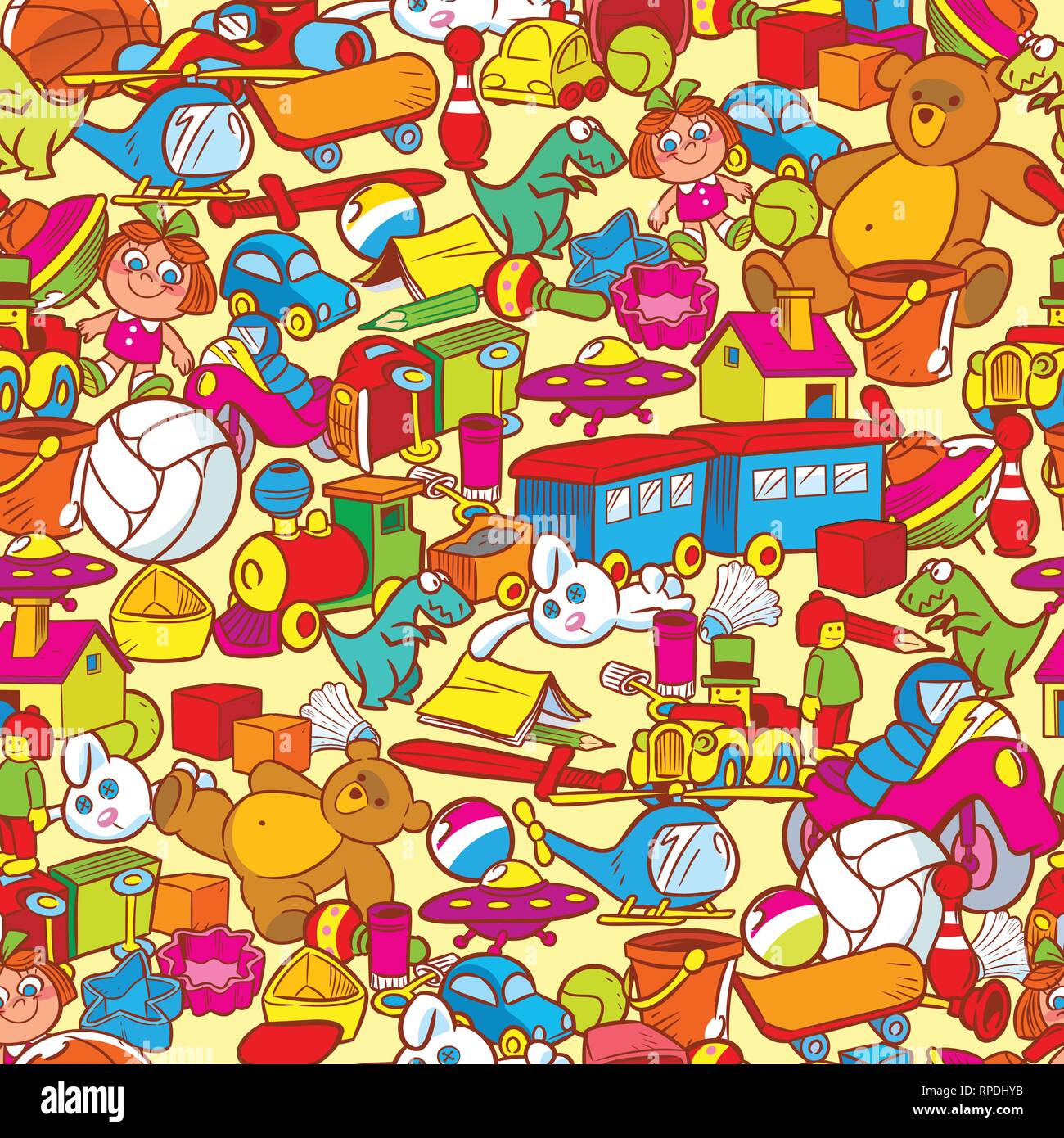 The illustration shows a vector pattern with lots of different toys