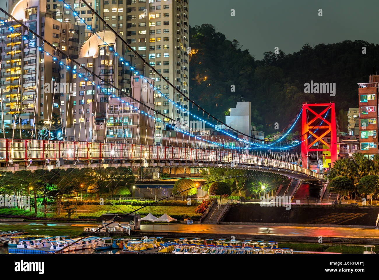 Bitan Suspension Bridge in Xindian District of New Taipei City, Taiwan Stock Photo