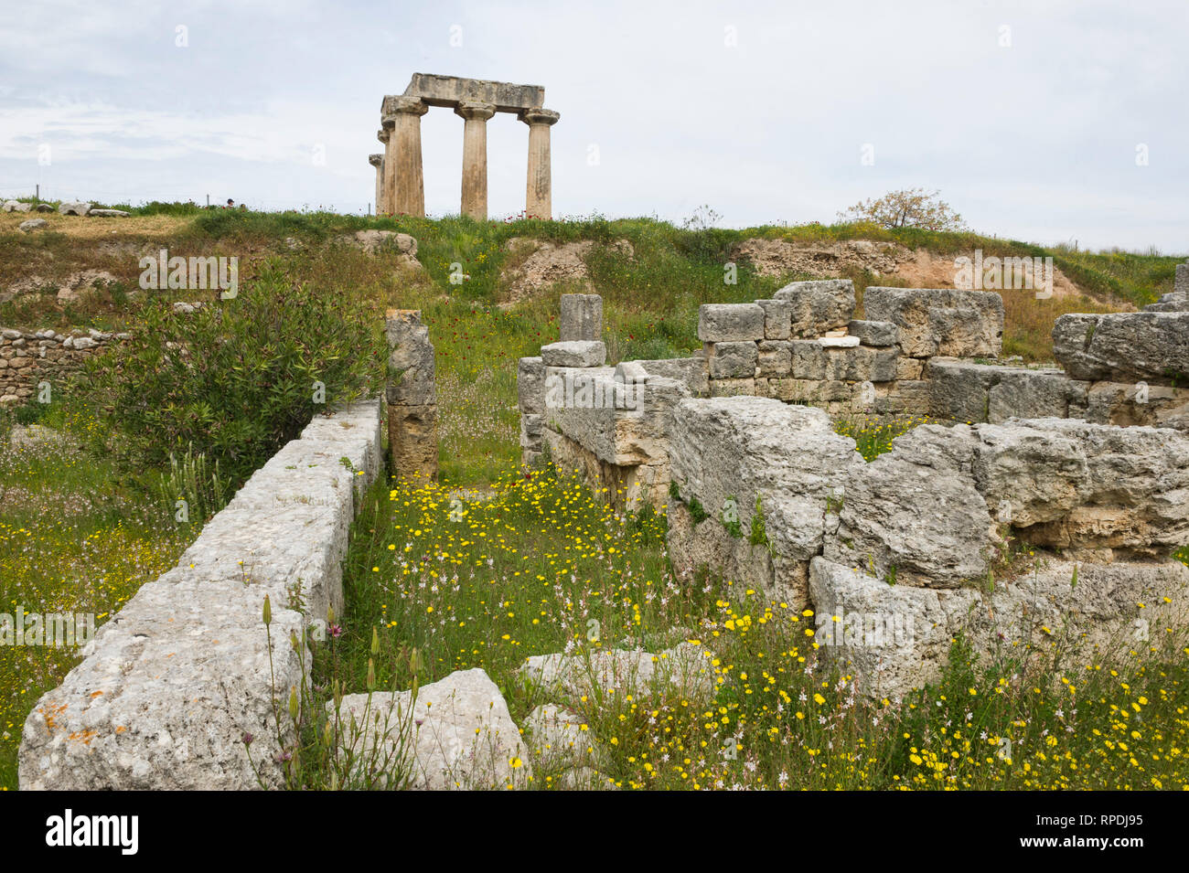 Temple of Apollo, Ancient Corinth, The Peloponnese, Greece Stock Photo