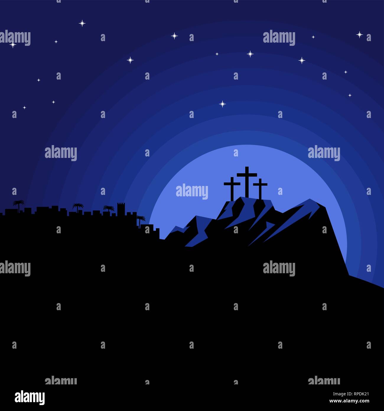 The night after the crucifixion of Jesus Christ at Calvary. Easter illustration. Stock Vector