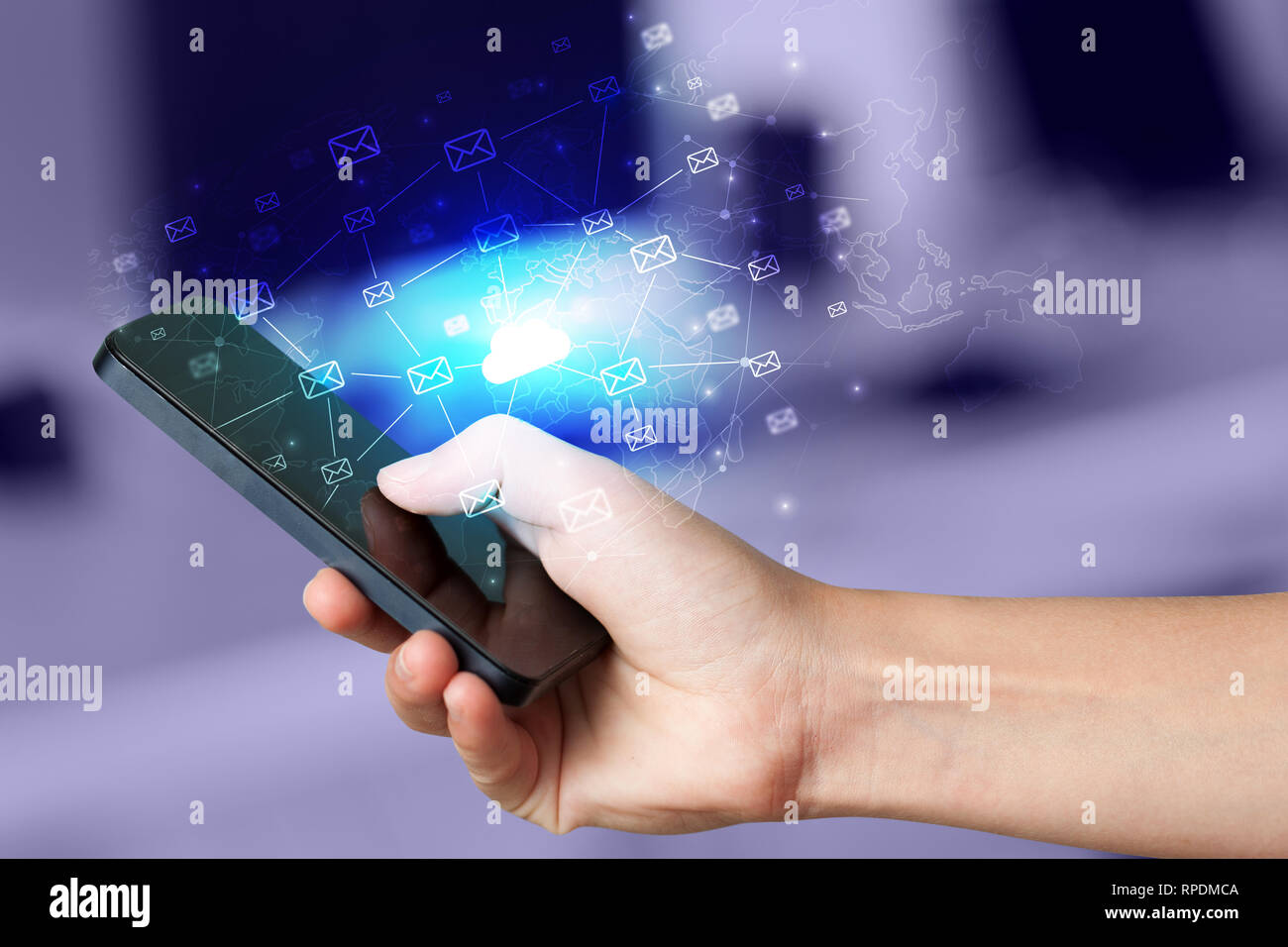 Hand using phone with cloud computing and online storage concept Stock ...