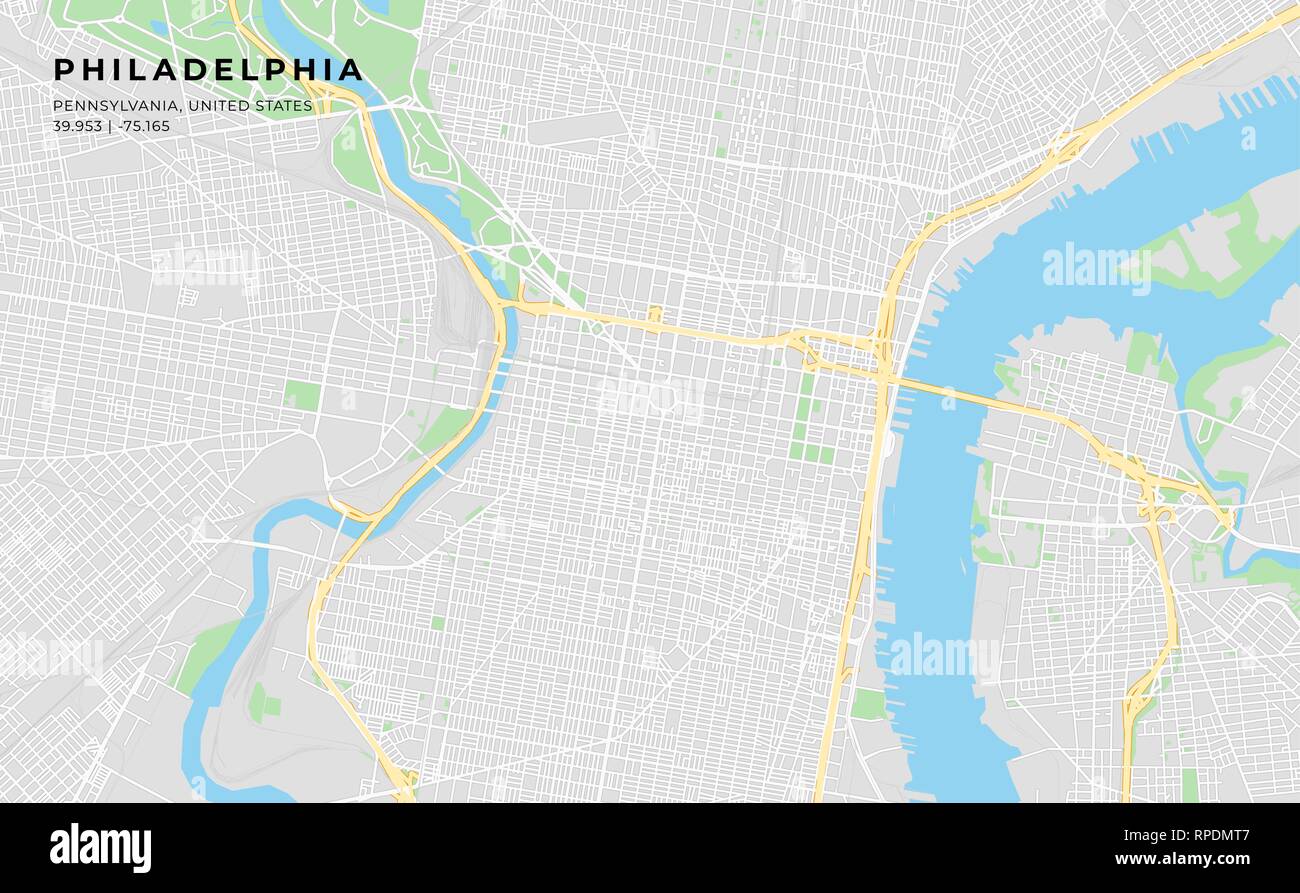 Printable streetmap of Philadelphia including highways, major roads, minor roads and bigger