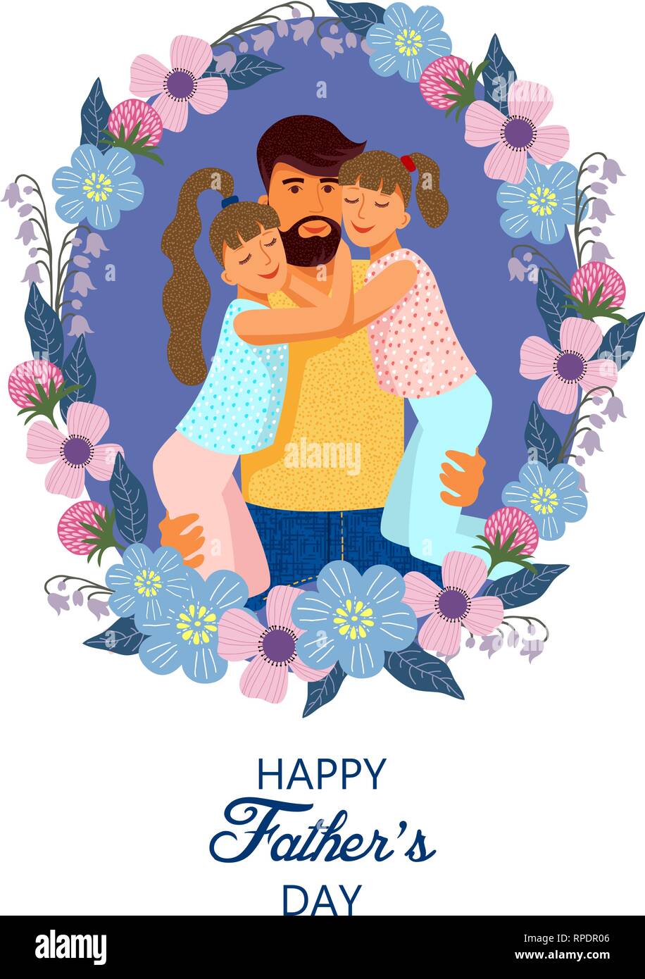 Happy fathers day. Wreath with Cute flat cartoon father and Two daughters with text. Vector Templates for card, poster, flyer and other users Stock Vector