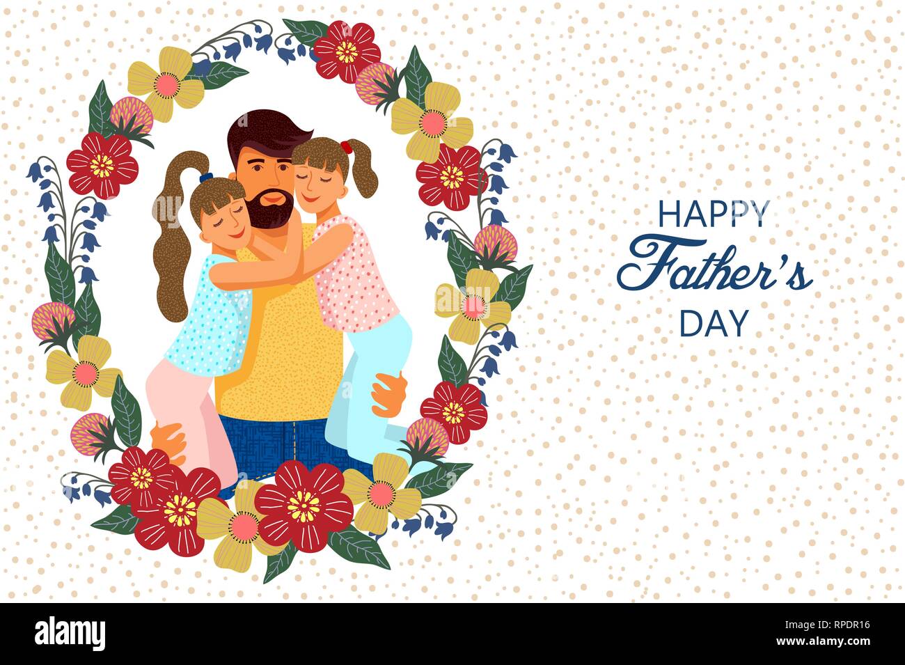 Happy fathers day. Wreath with Cute flat cartoon father and Two daughters with text. Horizontal Vector Templates for card, poster, flyer and other use Stock Vector